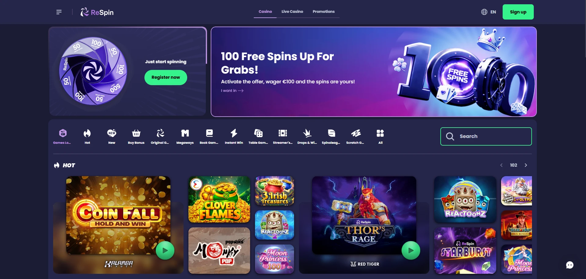 ReSpin Casino - nopeat kotiutukset ilman rekisteröitymistä